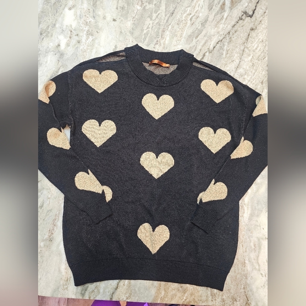 Belldini Metallic Heart Pullover Sweater Black/Gold Women’s Medium